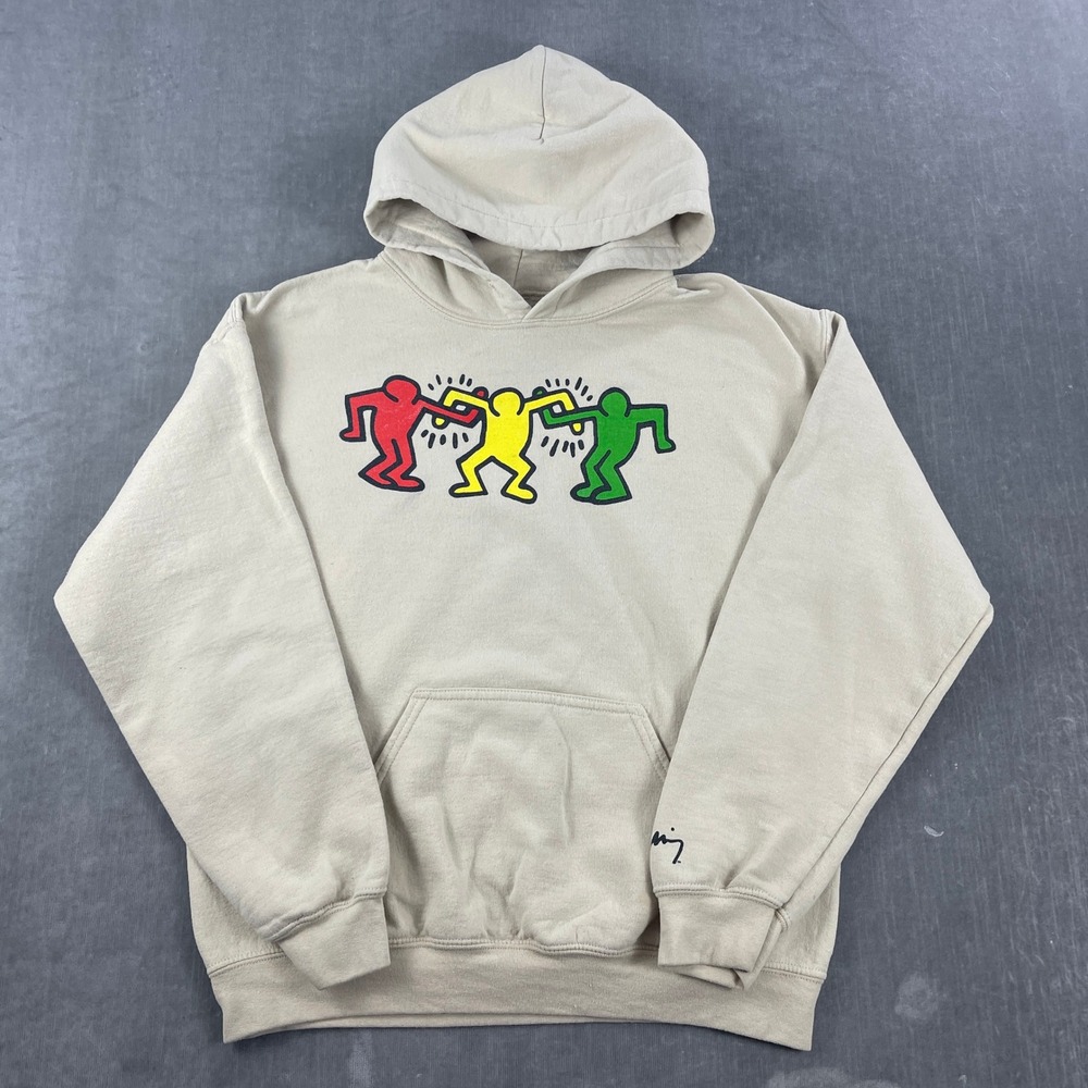 Keith Haring Mens Med Tan Hoodie Dancing Figures Graphic Sweatshirt Pop Art